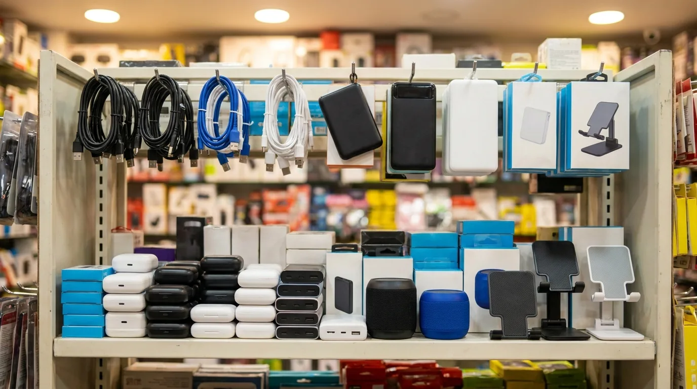 A gadgets & accessories shelf bay in a shop like yours