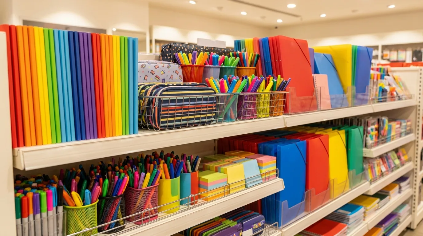 A stationery shelf bay in a shop like yours