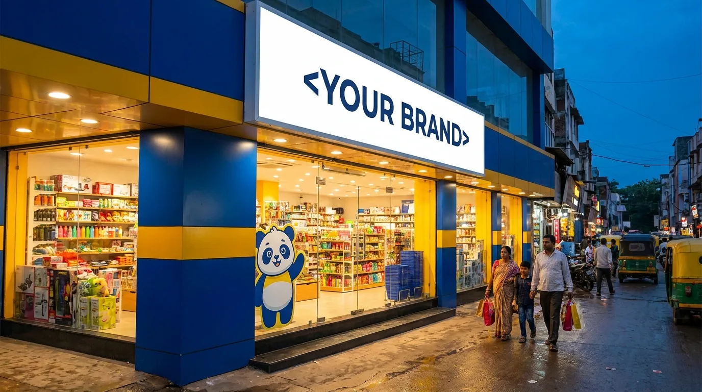 A finished shop on an Indian high street, the sign above the door reading YOUR BRAND