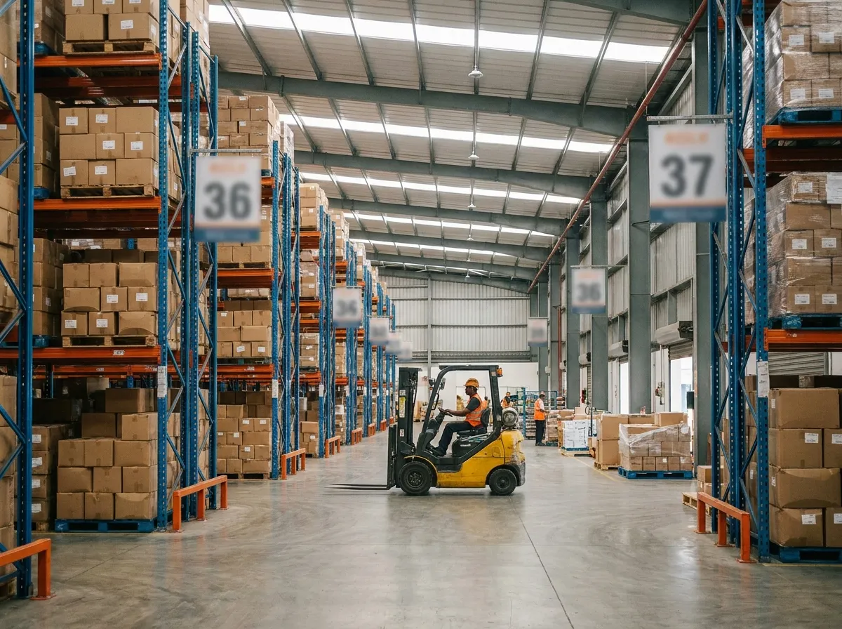 Stock on warehouse racking, ready to ship to a partner shop